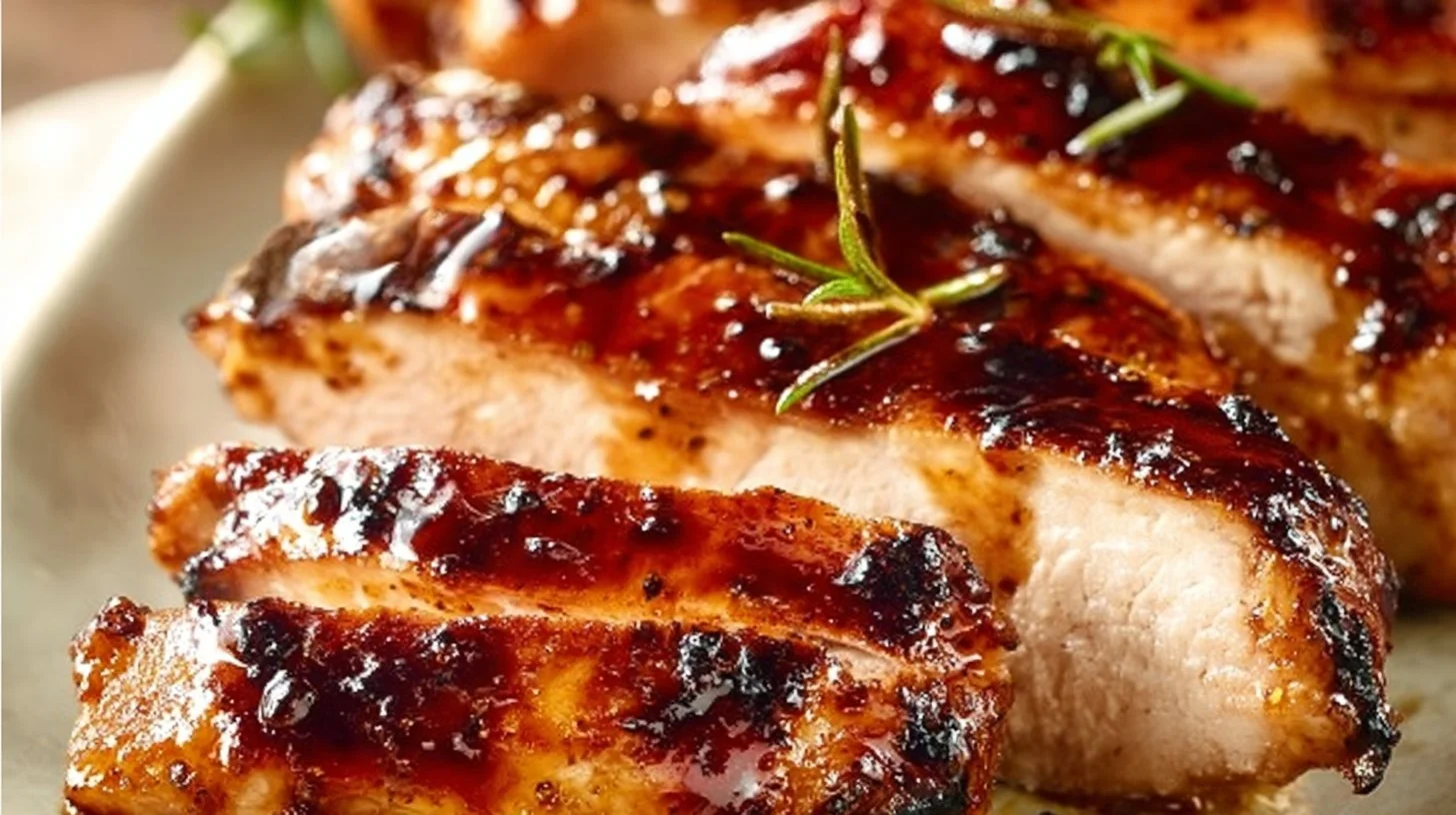 Deliciously cooked balsamic chicken breasts served with vegetables