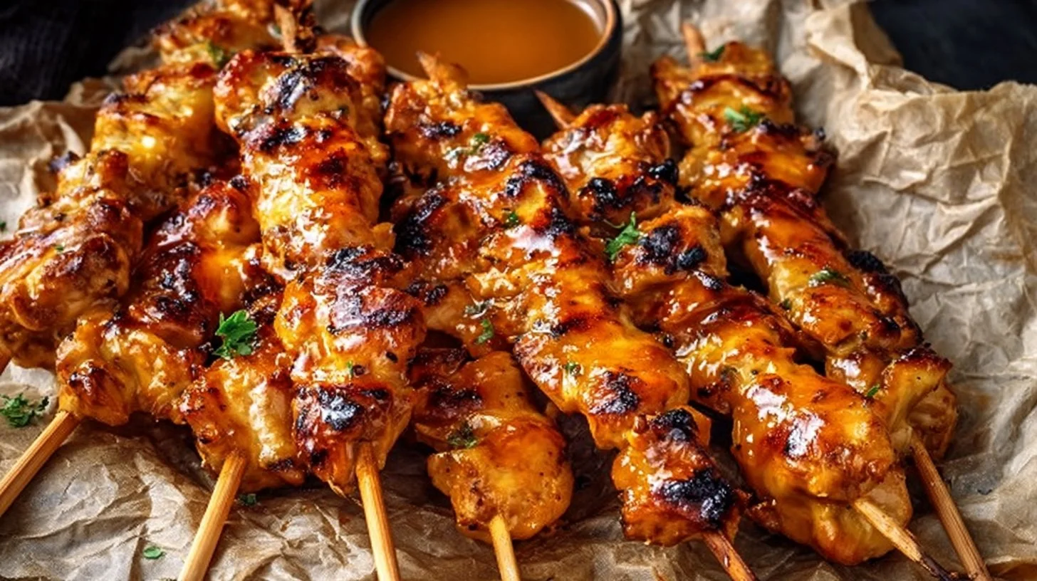 Delicious Bang Bang Chicken Skewers with a spicy glaze on a wooden platter