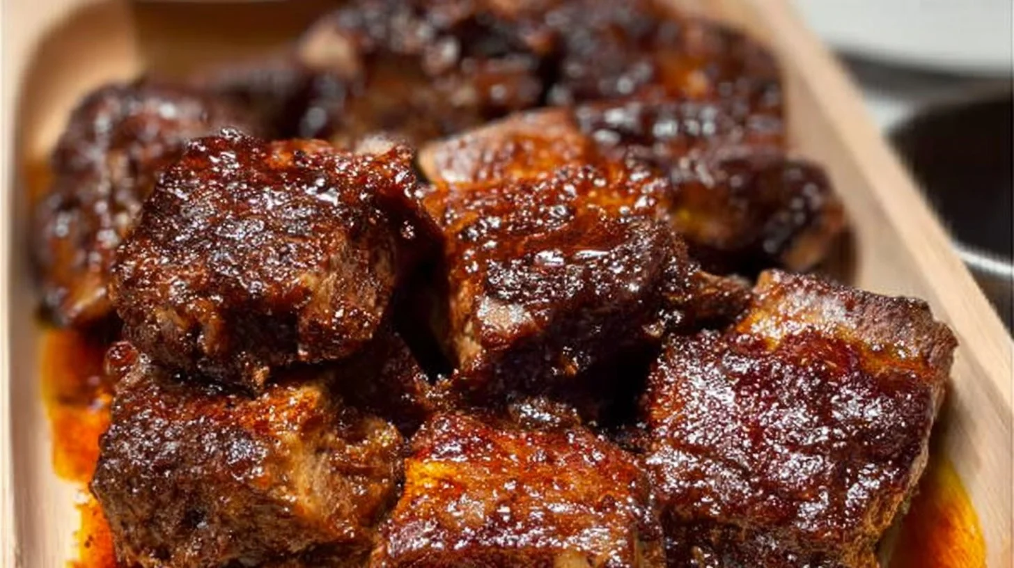 Deliciously grilled barbecue beef ribs served with tangy sauce.