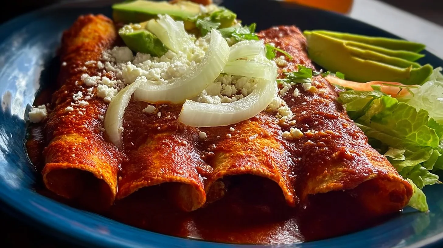 Plate of basic chicken enchiladas topped with cheese and cilantro.