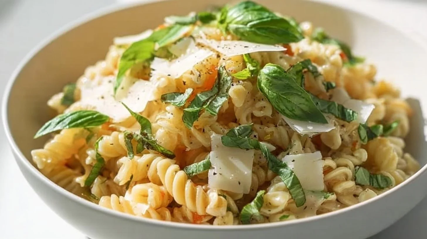 Basil Lemon Pasta Salad with fresh ingredients in a serving bowl