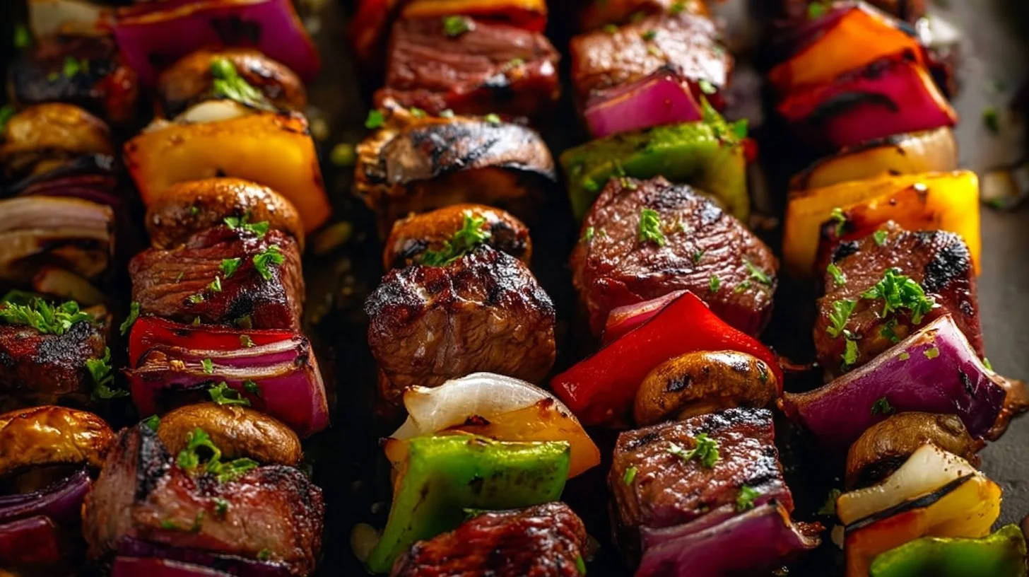 Grilled beef shish kabobs with colorful vegetables on skewers