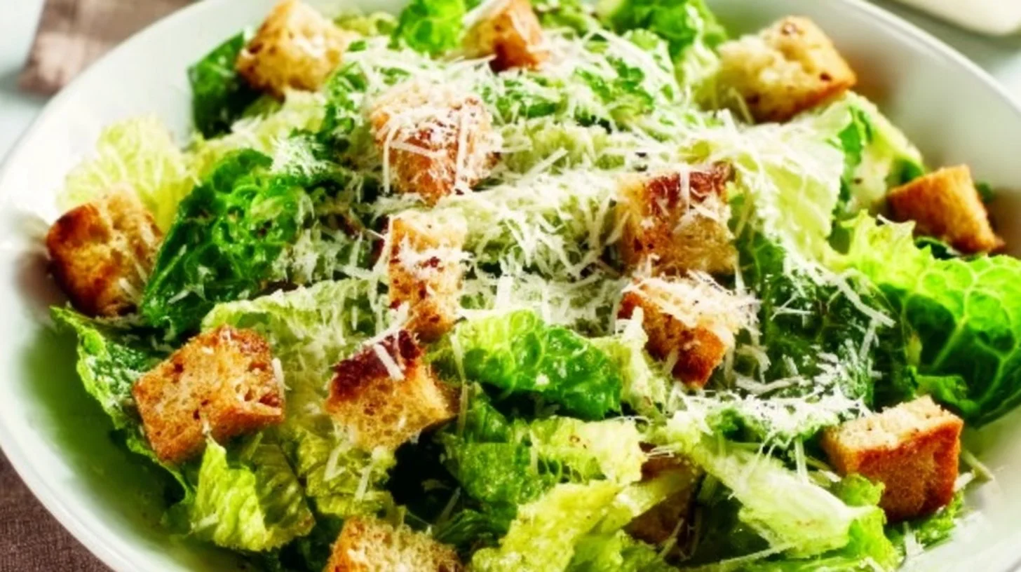 Delicious Caesar salad with crisp romaine, creamy dressing, and croutons