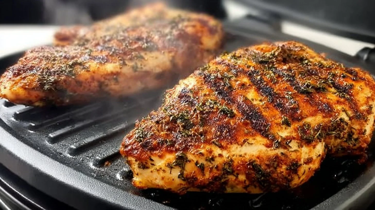 Juicy grilled chicken breasts cooked on a George Foreman Grill.