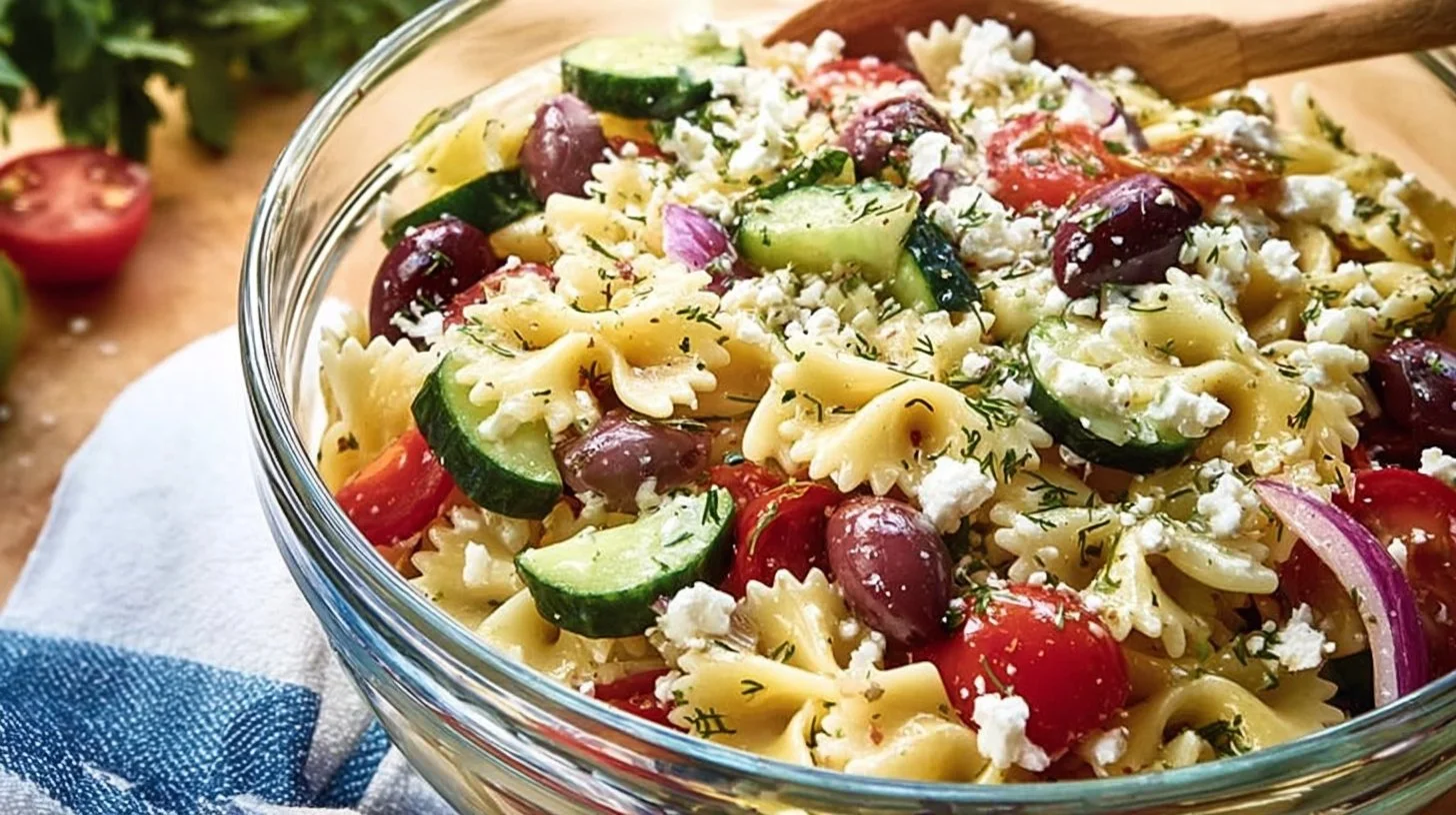 Delicious bowl of BEST Greek Pasta Salad with colorful vegetables and feta cheese