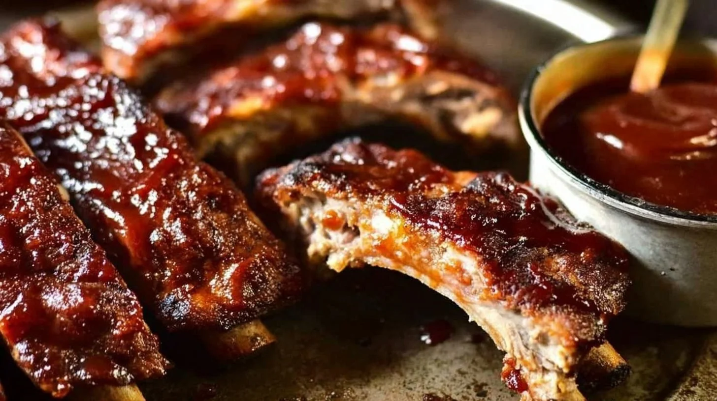 Delicious oven baked baby back ribs on a grilling rack