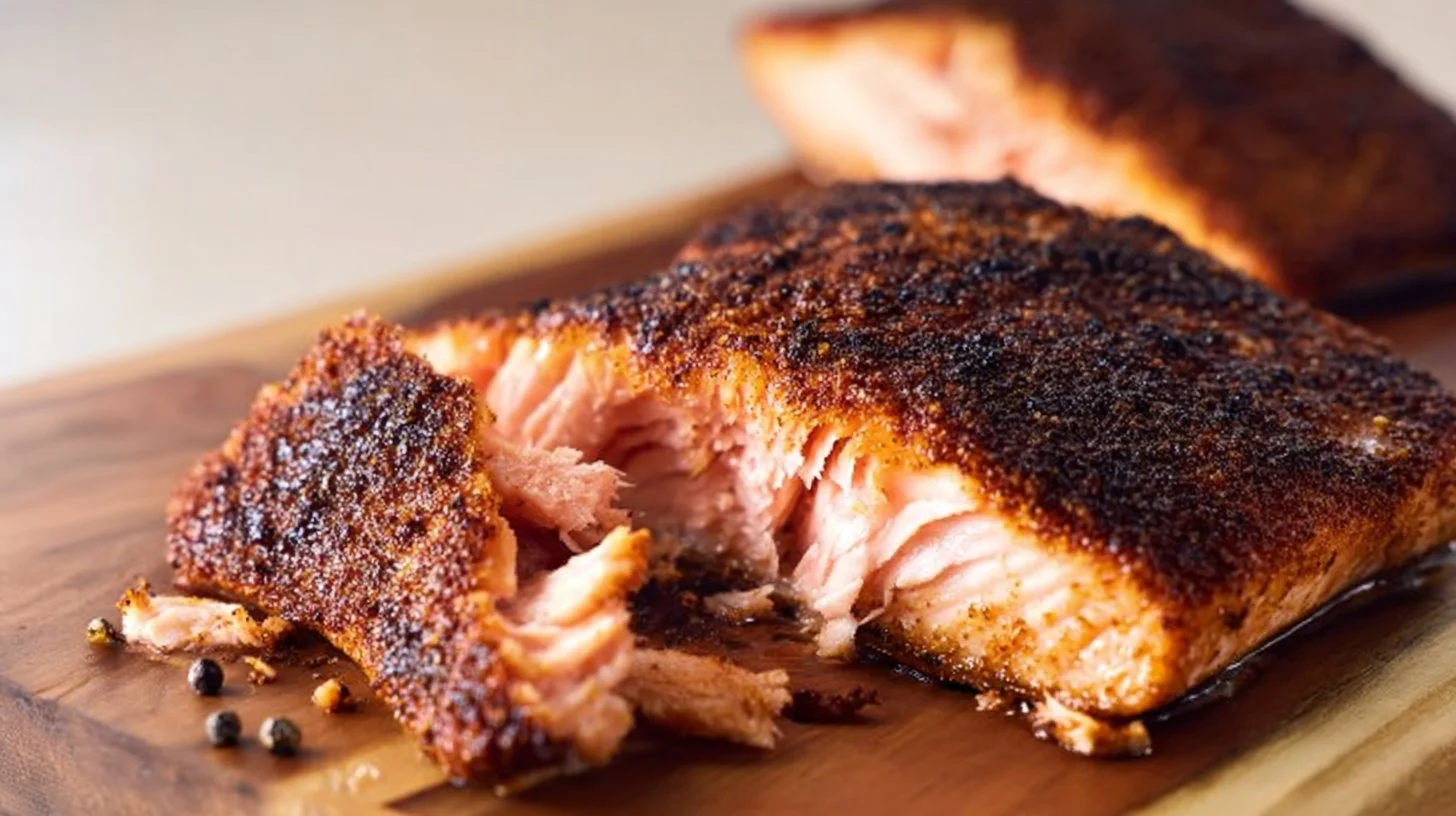 Pan-seared blackened salmon fillet with spice blend on a plate