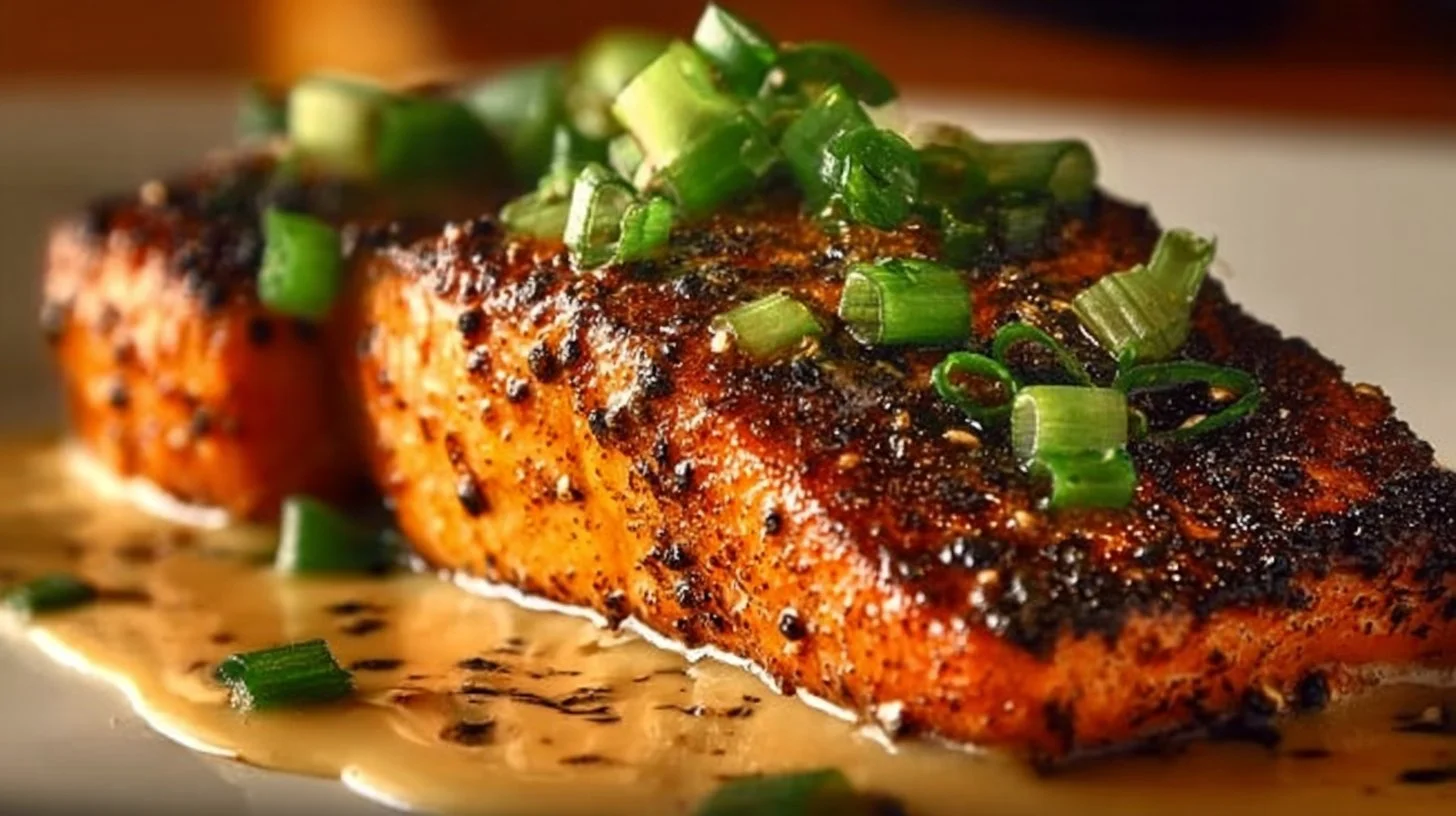 Blackened salmon fillet topped with Dijon cream sauce on a plate.