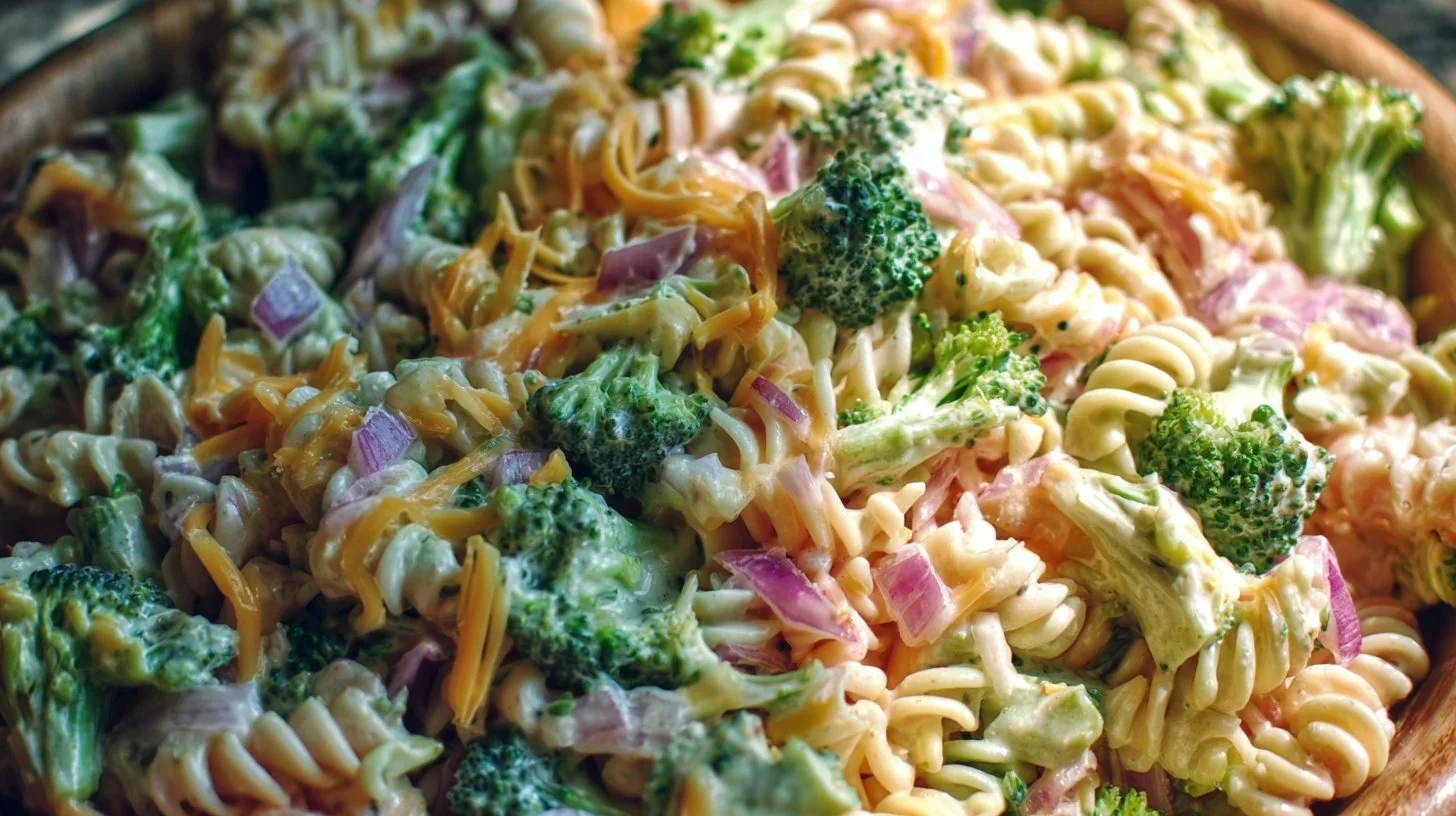 Creamy Broccoli Cheddar Pasta Salad in a bowl with fresh broccoli and cheddar cheese