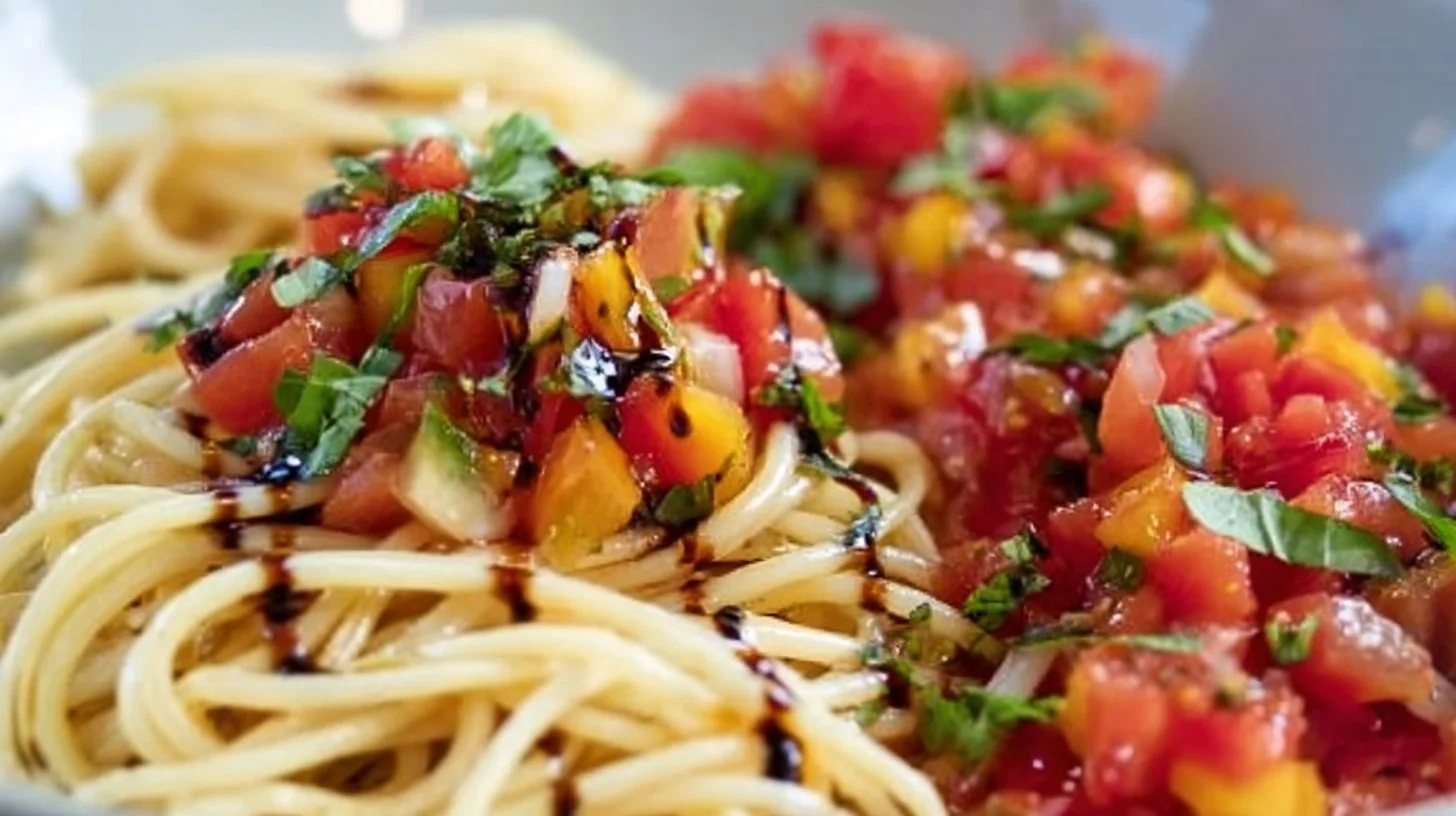 Bowl of colorful bruschetta pasta salad with tomatoes, basil, and mozzarella.