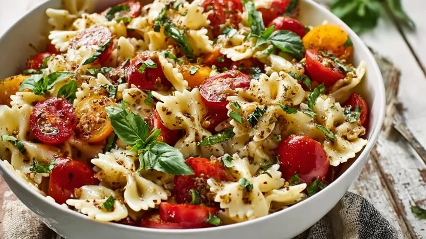 Bruschetta pasta salad with mini mozzarella balls served in a bowl