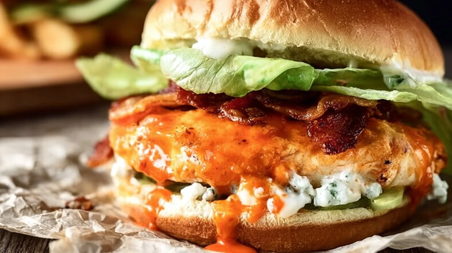 Juicy Buffalo Chicken Burger topped with lettuce and sauce