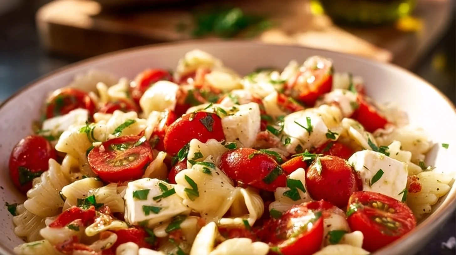 Colorful Caprese Pasta Salad with tomatoes, mozzarella, and fresh basil
