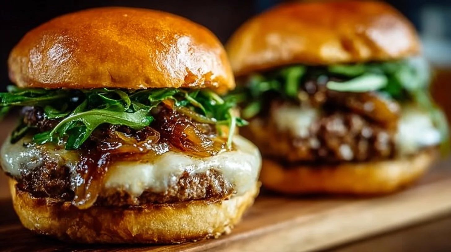 Delicious caramelized onions burger with savory toppings