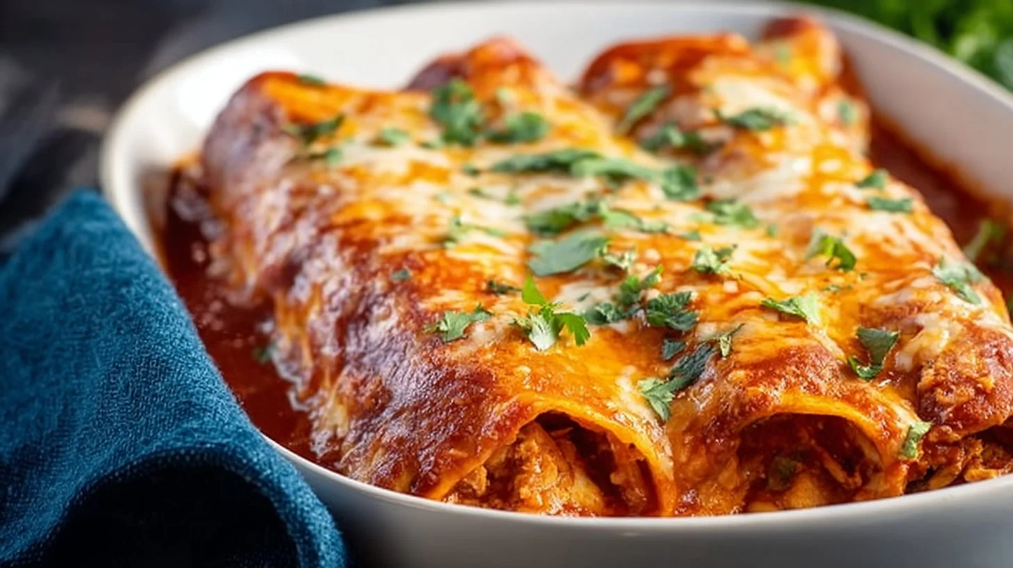Delicious plate of cheesy chicken enchiladas topped with sauce and cheese