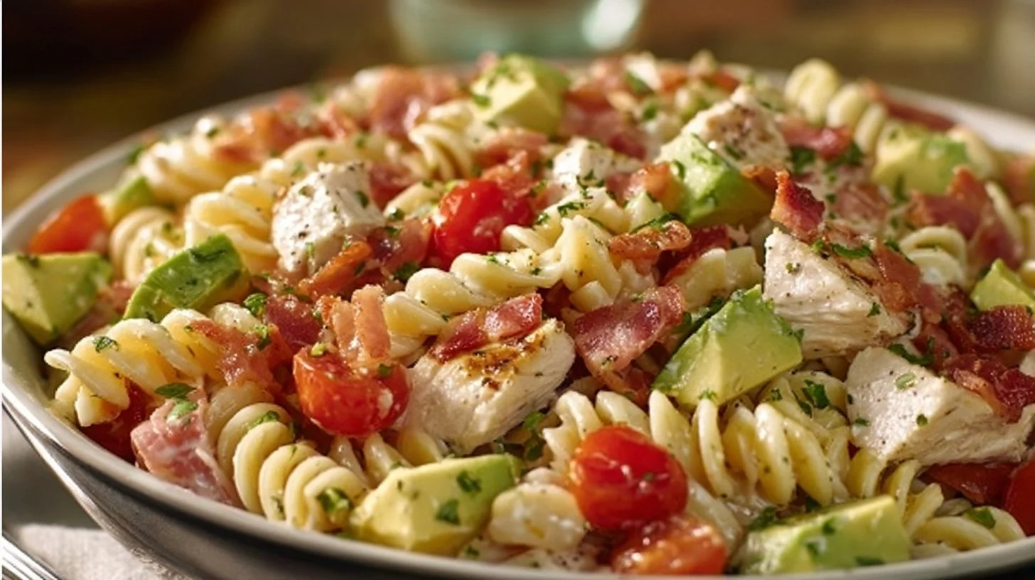 Delicious Chicken Club Pasta Salad with chicken, bacon, and fresh vegetables