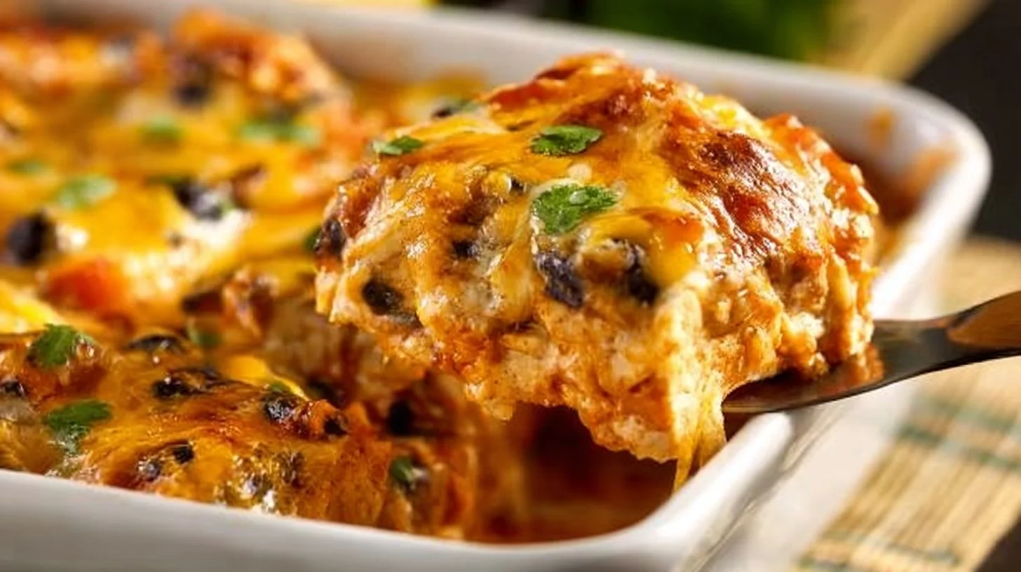 Delicious chicken enchilada casserole topped with cheese and fresh ingredients