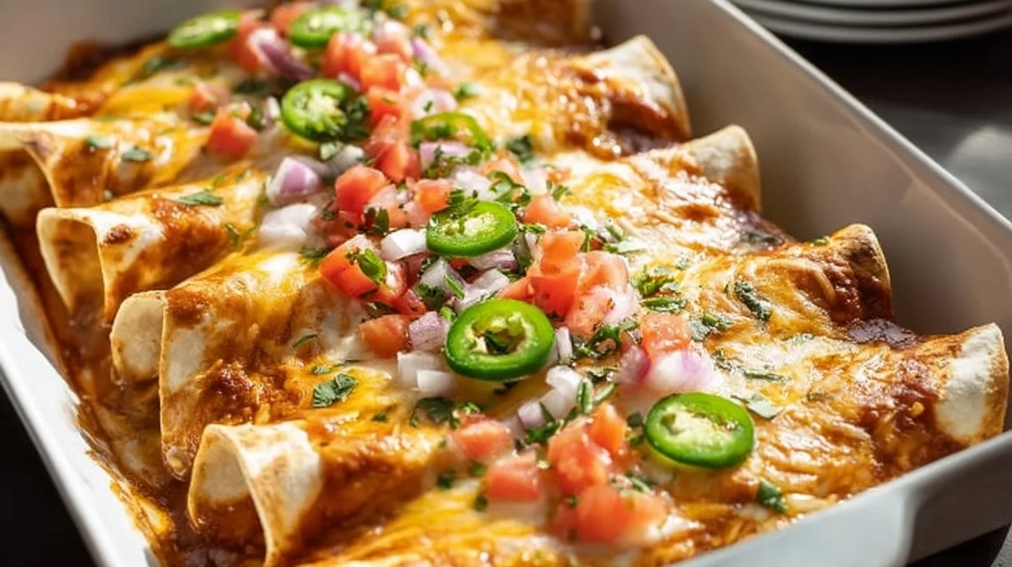 Delicious homemade chicken enchiladas topped with cheese and salsa.