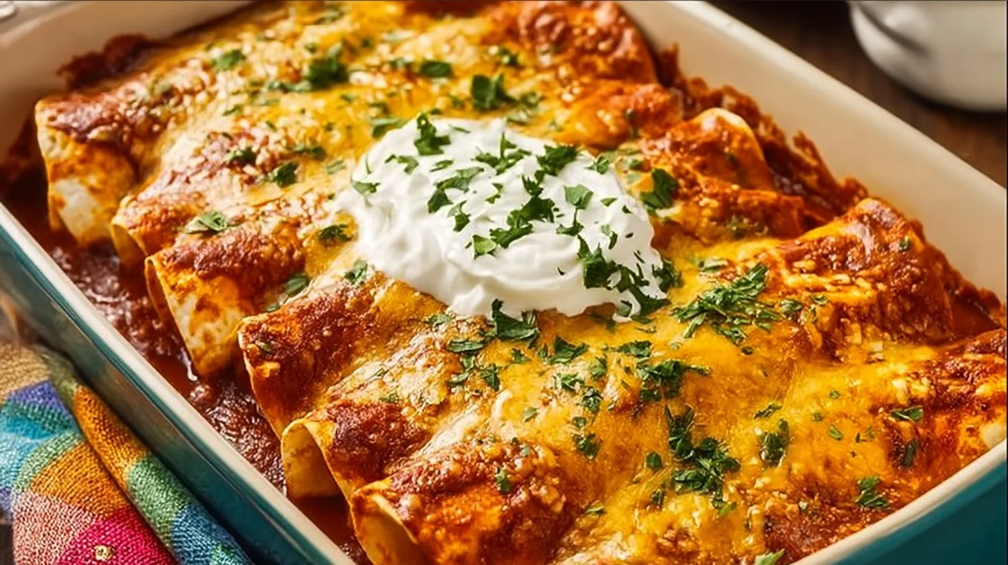 Delicious Chicken Enchiladas topped with cheese and fresh herbs