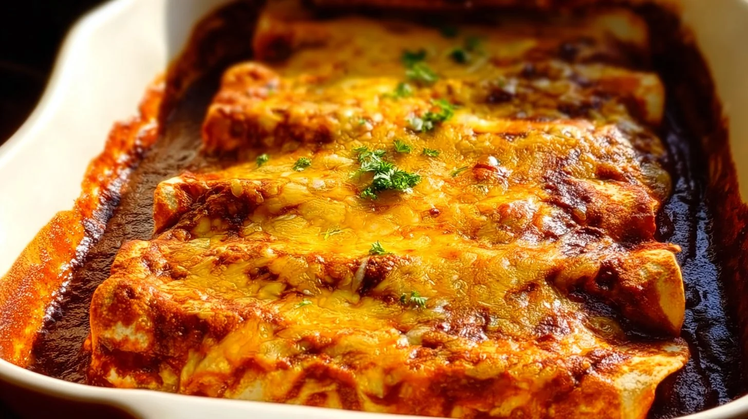 Delicious Chicken Enchiladas with homemade red enchilada sauce on a plate