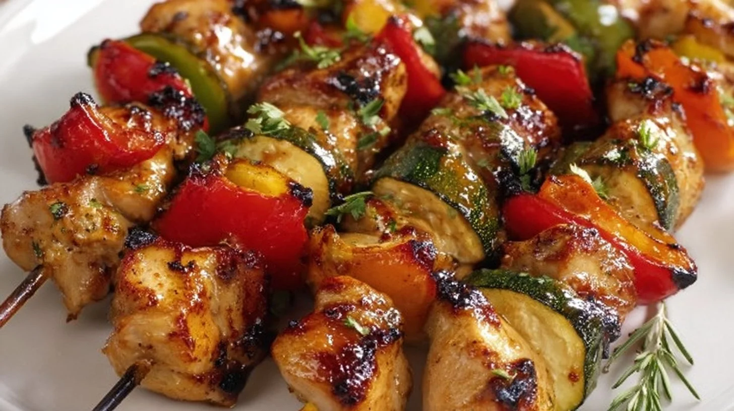 Grilled Chicken Kabobs with vegetables on skewers