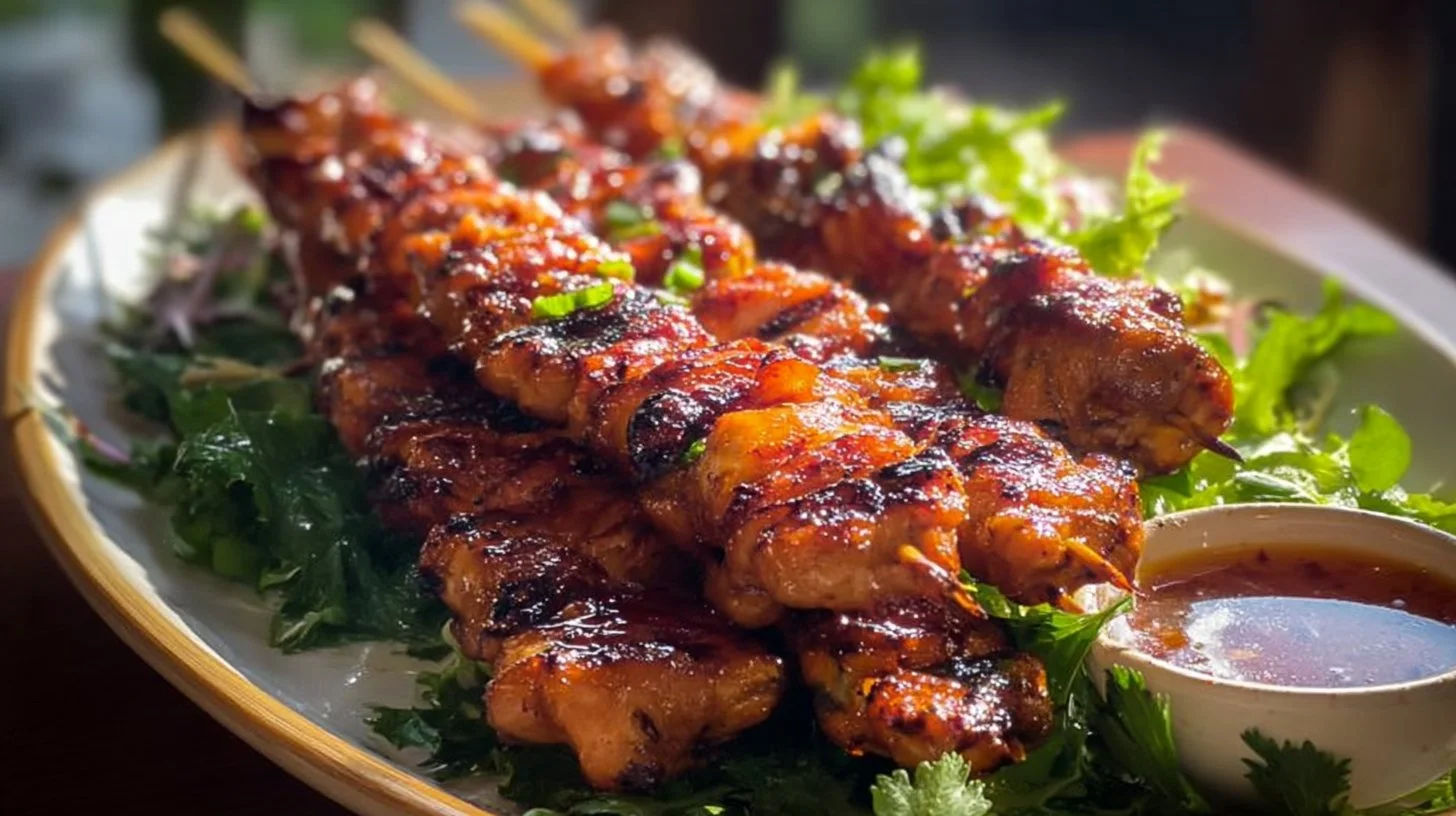 Delicious, grilled Chicken Skewers served with fresh vegetables