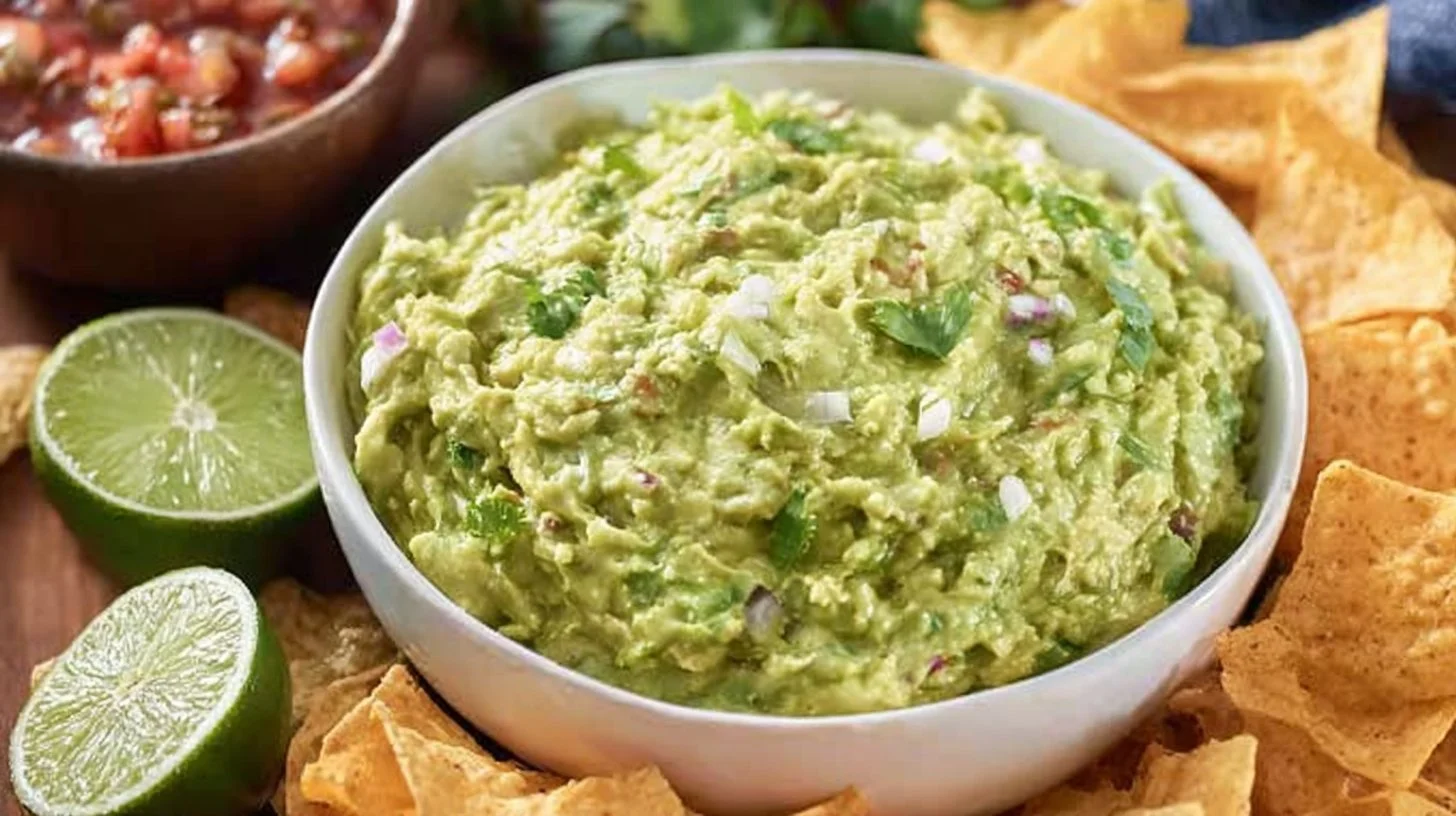 Delicious Chipotle guacamole served with tortilla chips