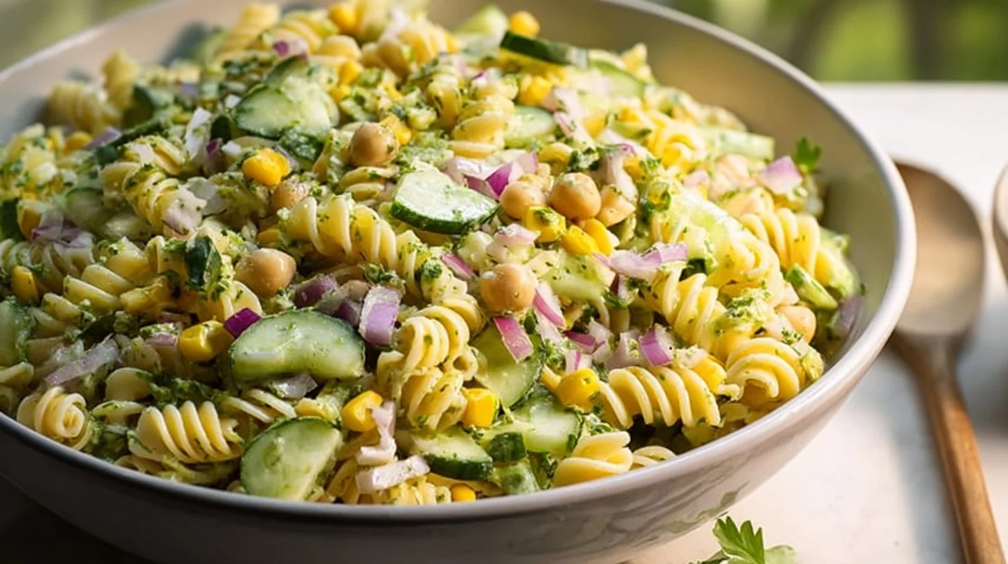 Colorful cilantro lime pasta salad with fresh vegetables and dressing