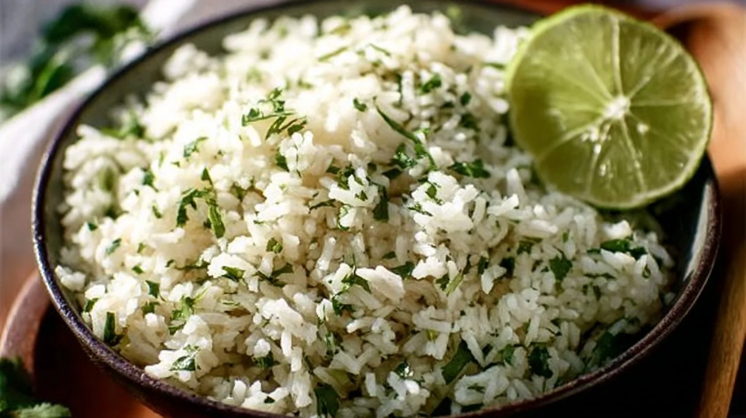 Bowl of cilantro lime rice garnished with fresh cilantro and lime wedges