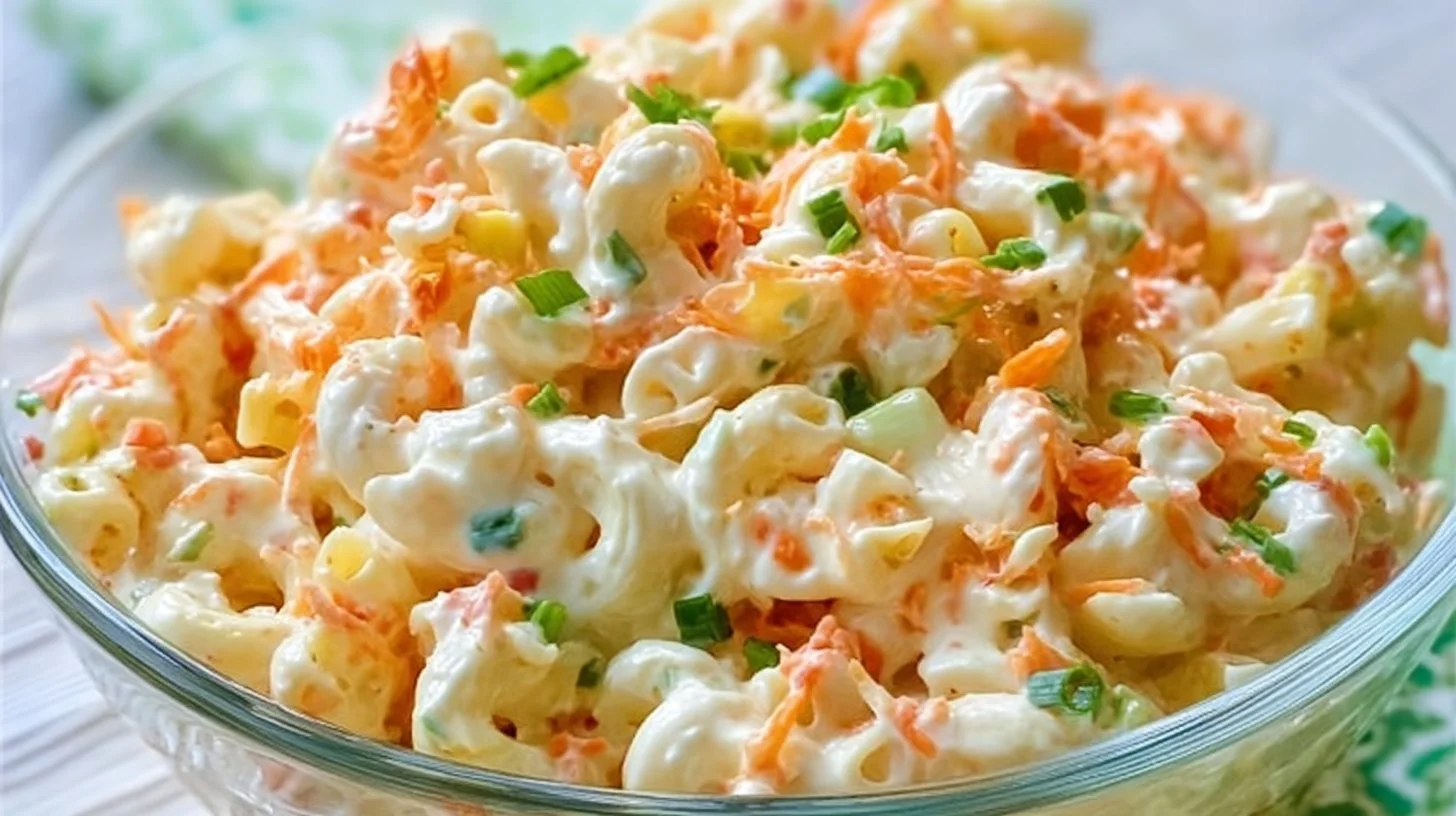 Bowl of classic Hawaiian macaroni salad with colorful vegetables