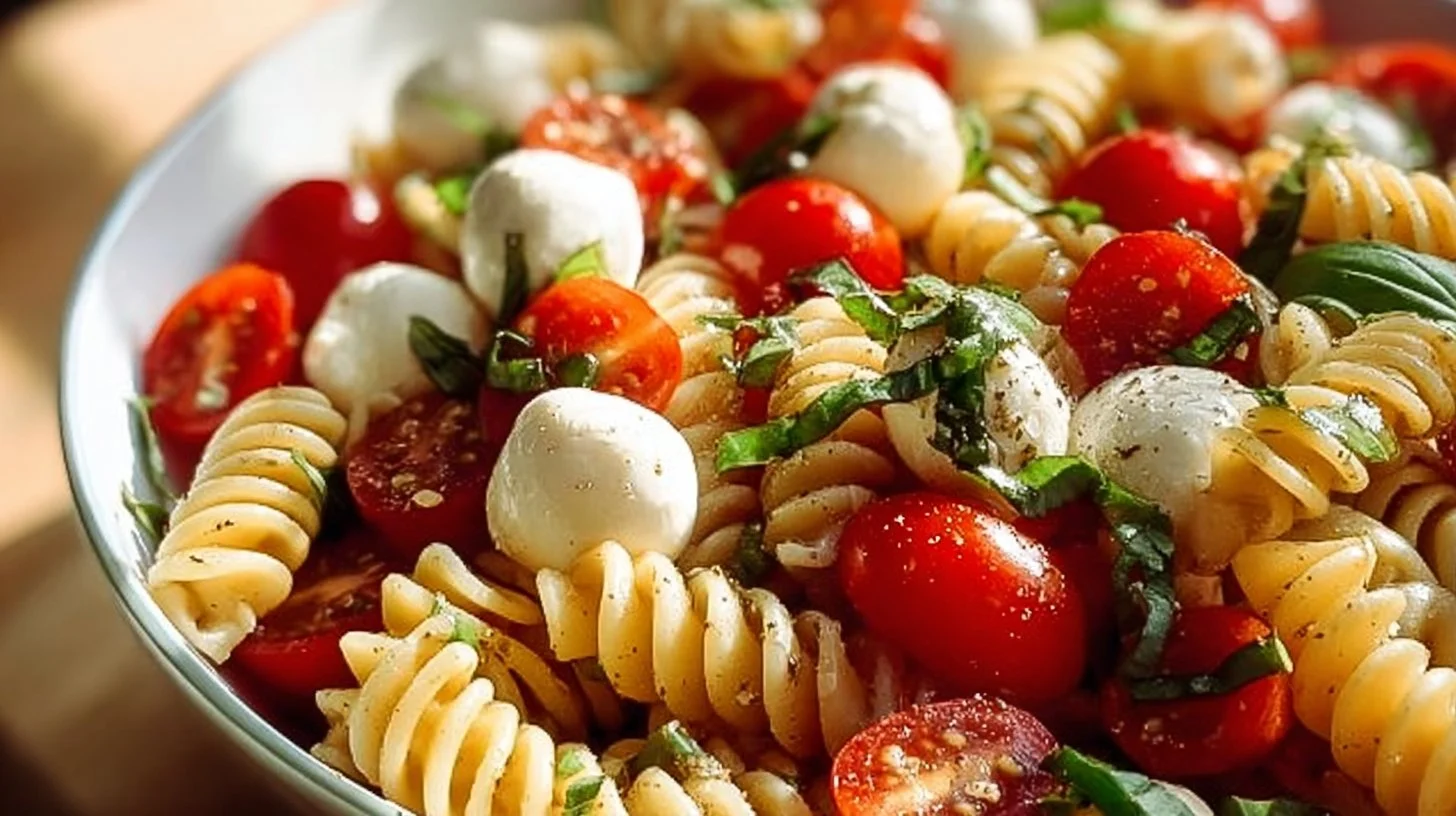 Colorful Caprese Pasta Salad with tomatoes, mozzarella, and basil