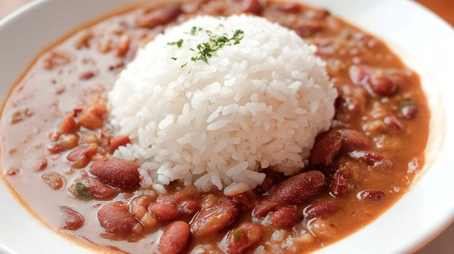 Delicious bowl of Copycat Popeye's Red Beans and Rice with spices and herbs