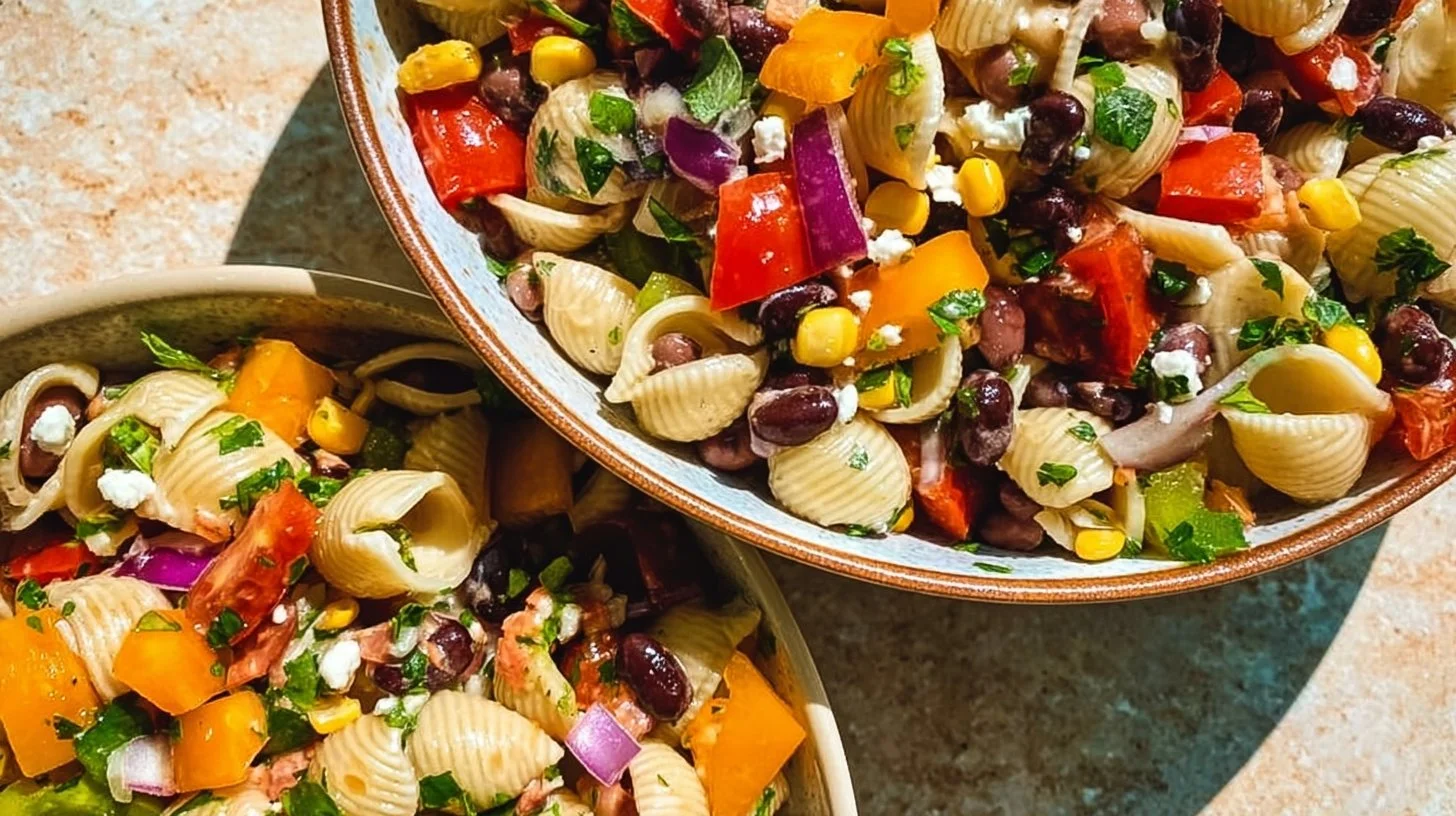 Delicious Cowboy Caviar Pasta Salad in a colorful serving bowl