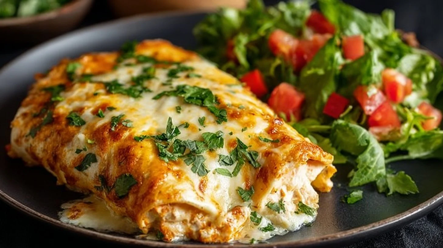 Cream cheese chicken enchiladas topped with sauce and cheese