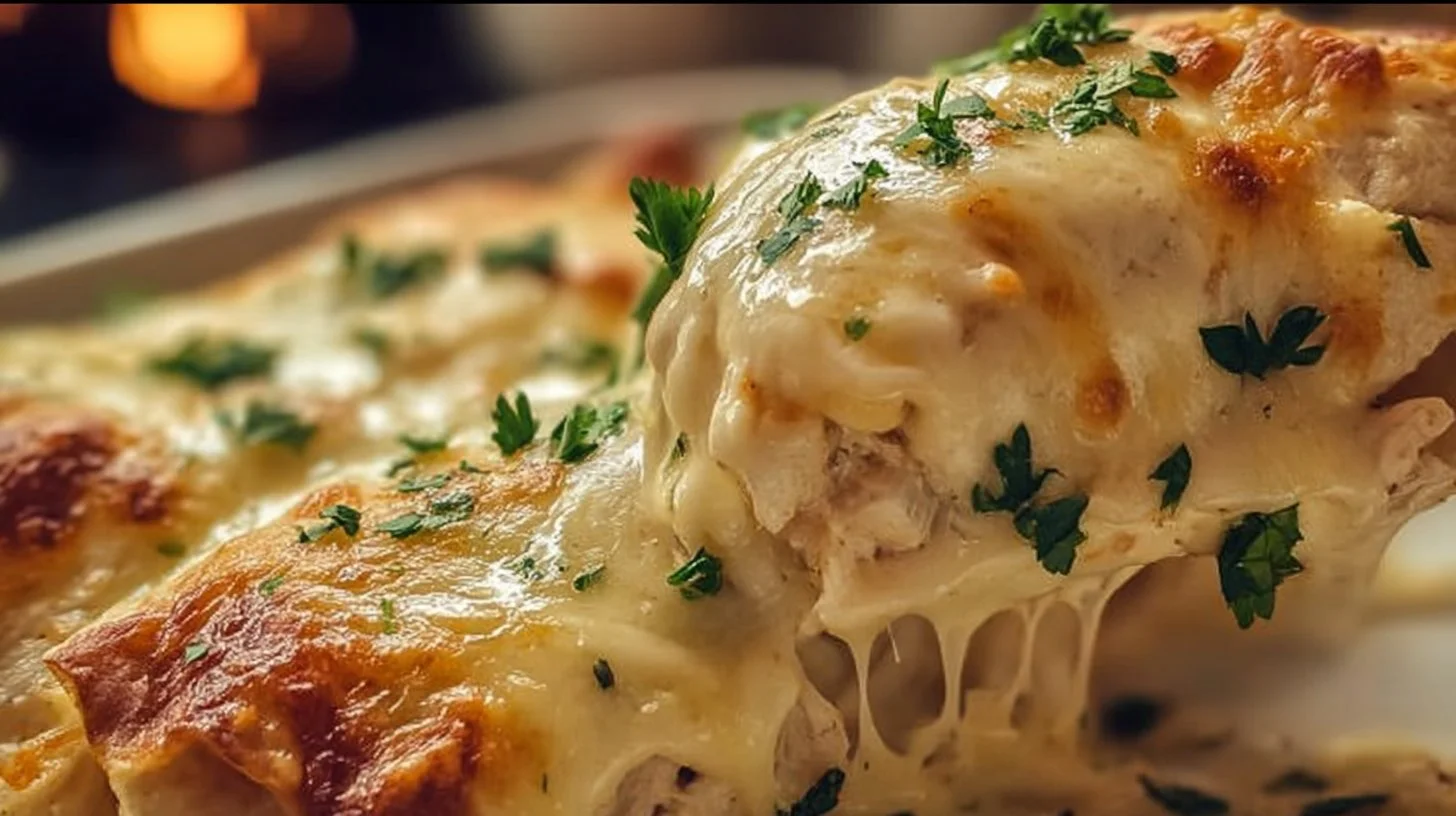 Creamy chicken enchiladas topped with cheese and served on a plate