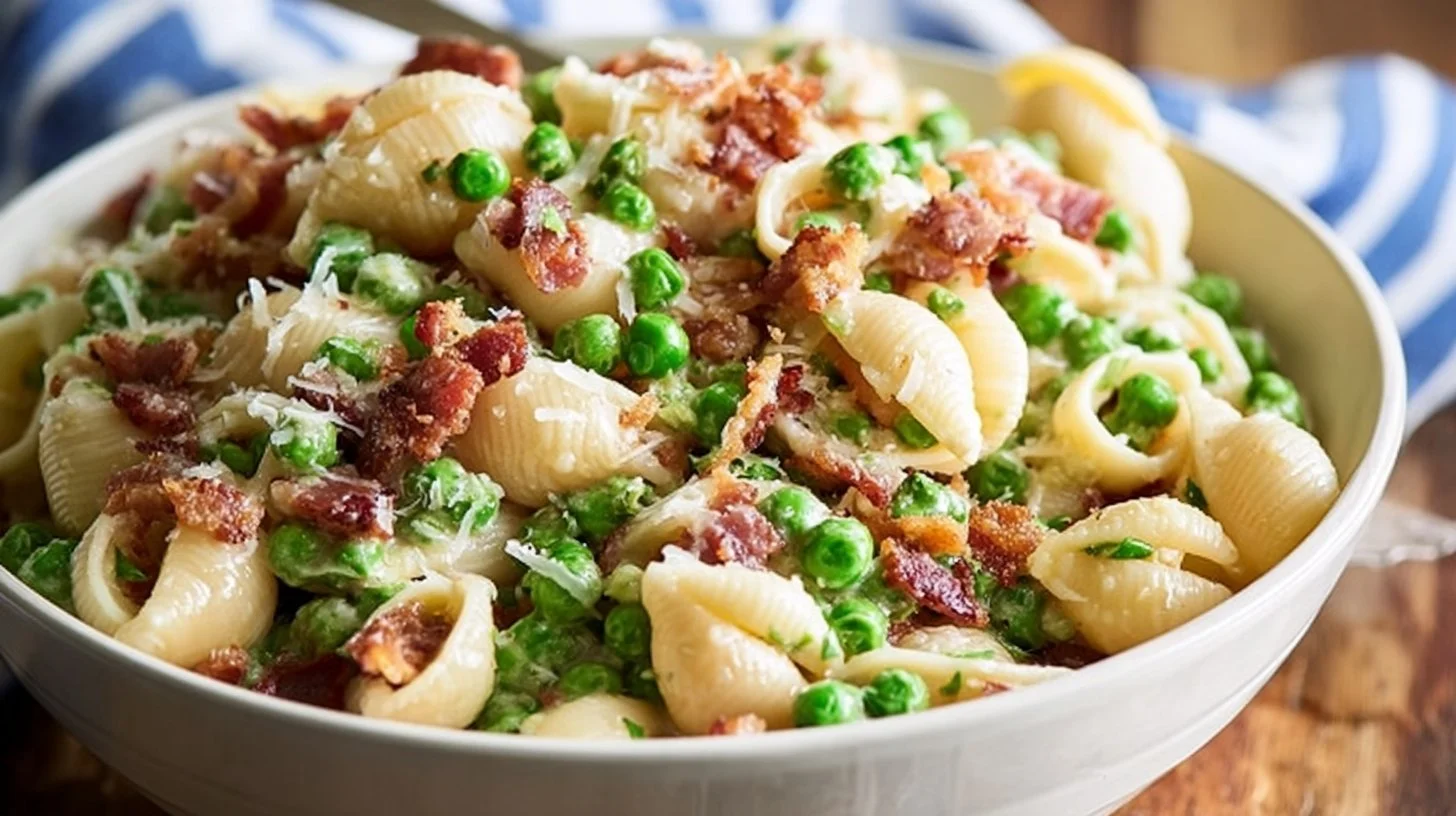 Bowl of creamy pasta salad with vibrant vegetables and herbs