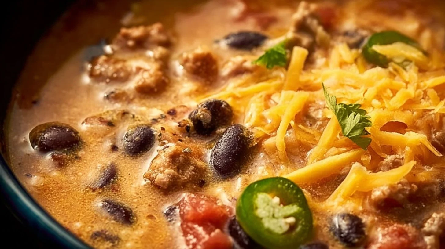 Bowl of creamy taco soup topped with cheese and cilantro