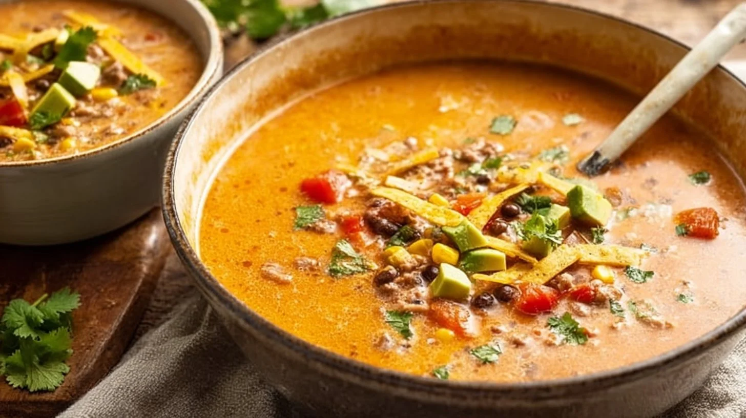 Bowl of creamy taco soup garnished with fresh cilantro and lime wedges