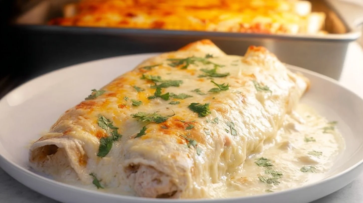 Creamy white chicken enchiladas casserole topped with cheese and cilantro
