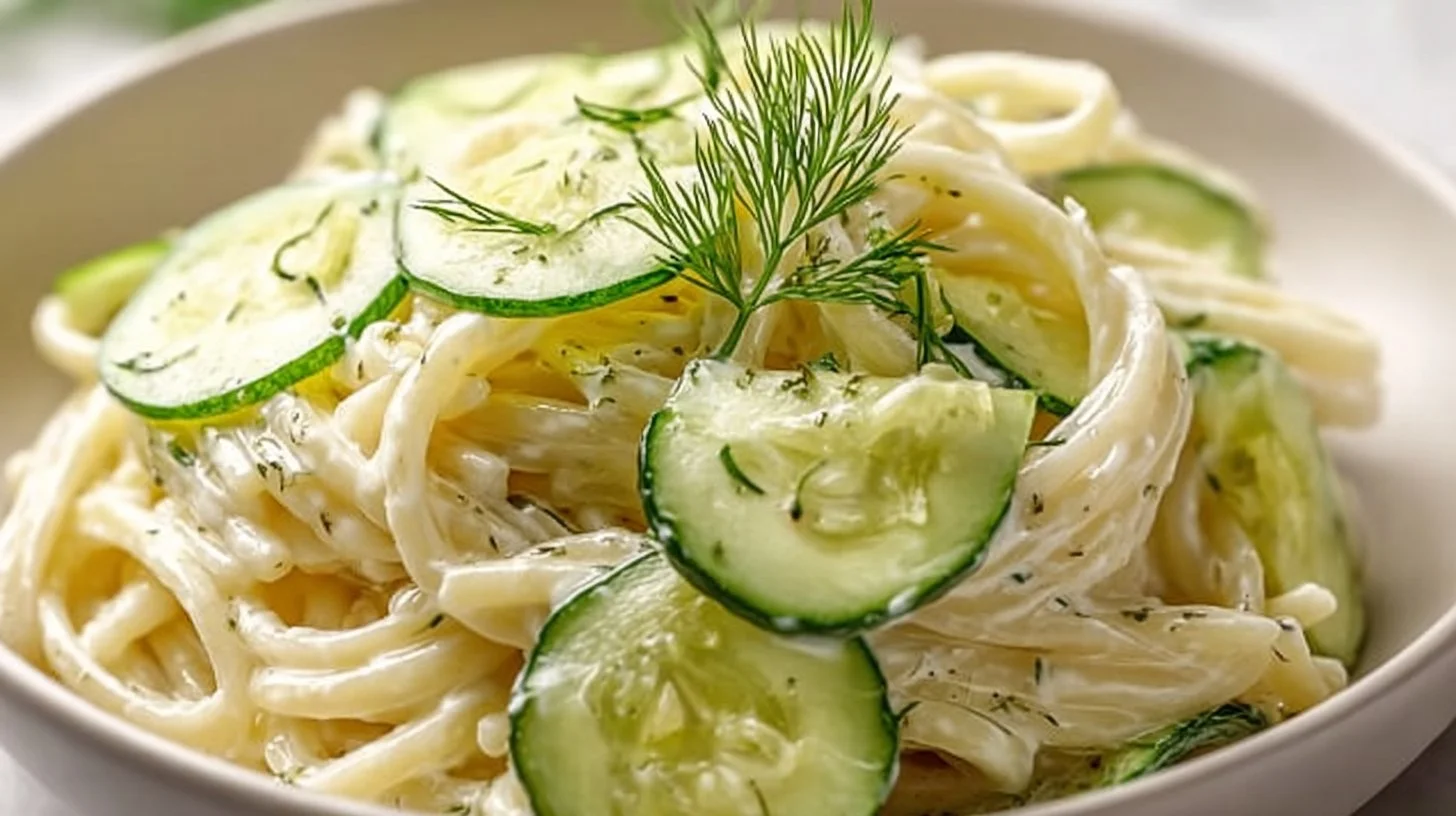 Delicious Cucumber Pasta Salad with fresh vegetables and dressing