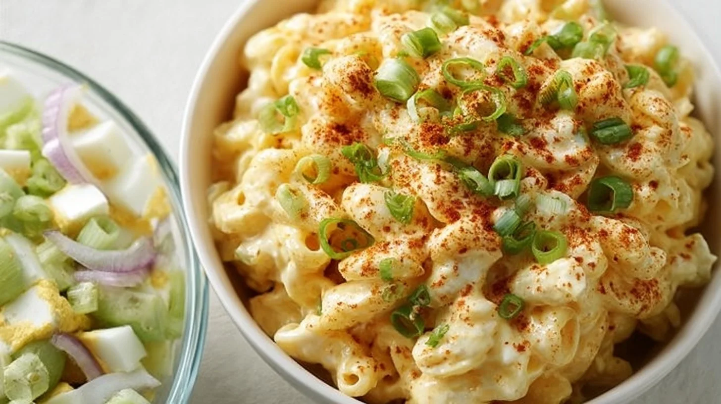 Deviled Egg Pasta Salad with creamy dressing and garnished with herbs