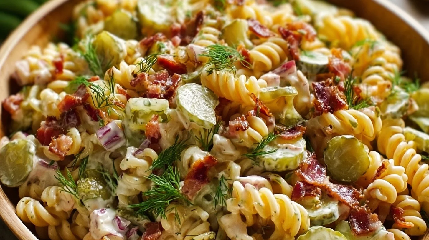 Dill Pickle Bacon Pasta Salad served in a bowl with fresh ingredients
