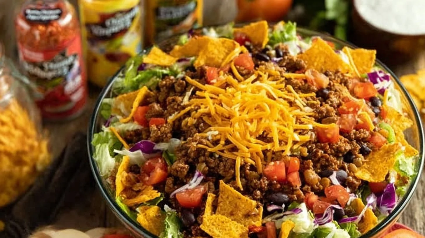 Colorful Doritos Taco Salad topped with fresh ingredients and a flavorful dressing.