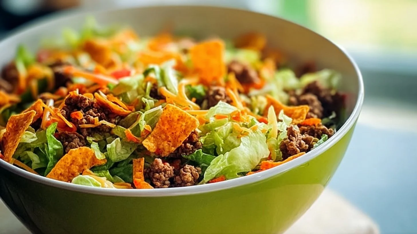 Colorful Doritos Taco Salad with fresh vegetables and crunchy chips in a bowl.
