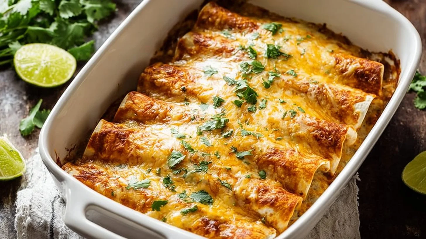 Delicious easy chicken enchiladas garnished with cheese and cilantro