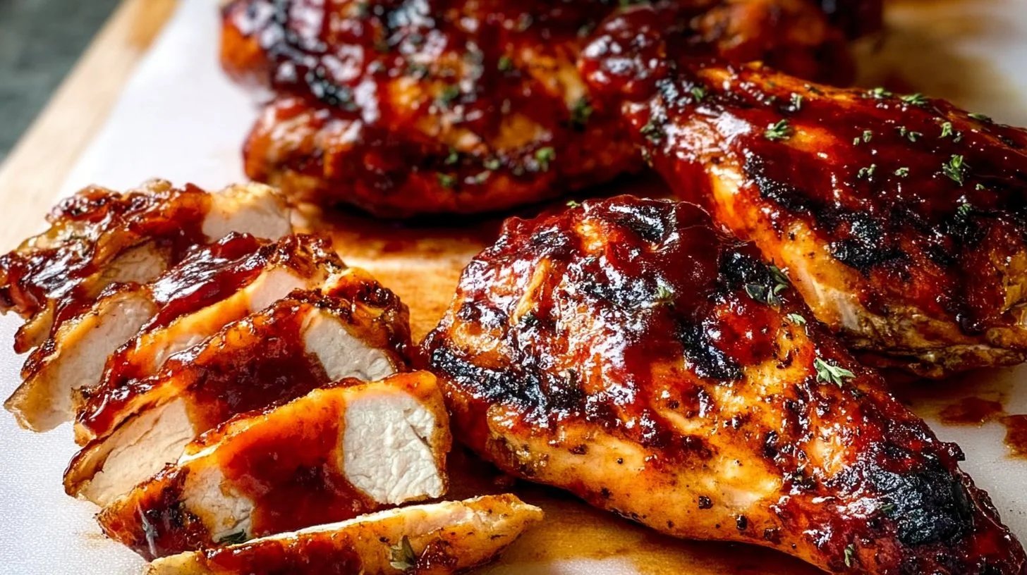 Delicious Easy Juicy BBQ Chicken on a grill with barbecue sauce