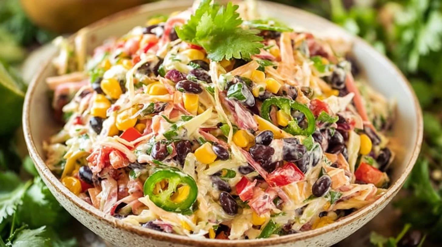 Bowl of easy Mexican coleslaw with colorful vegetables