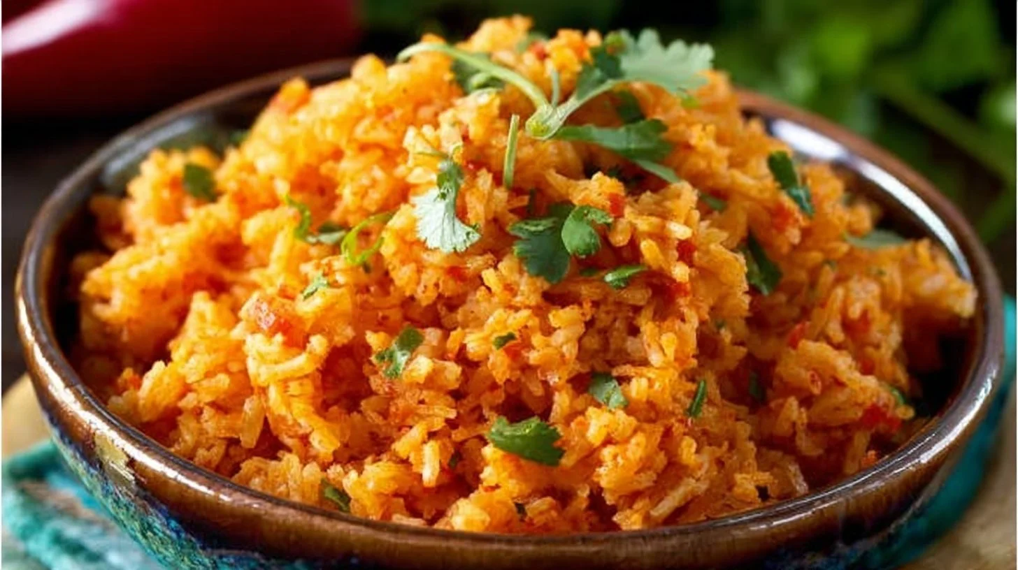 Bowl of easy Mexican rice garnished with cilantro and lime.