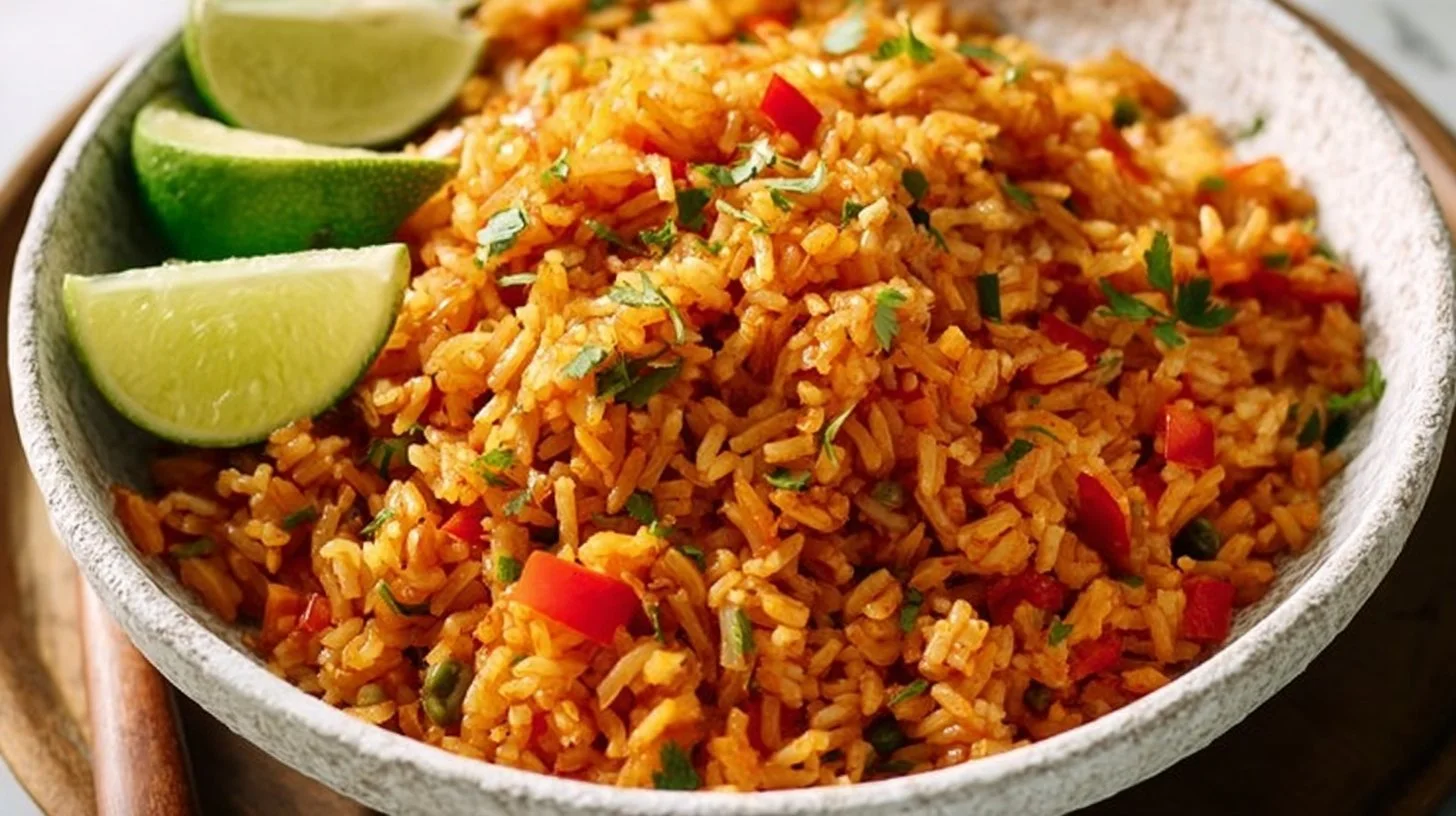 A bowl of easy Mexican rice garnished with fresh cilantro and lime.
