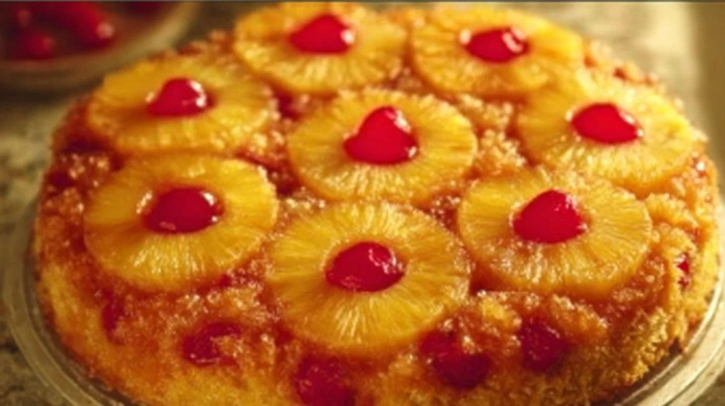 Delicious easy Pineapple Upside Down Cake on a plate with pineapple slices and cherries